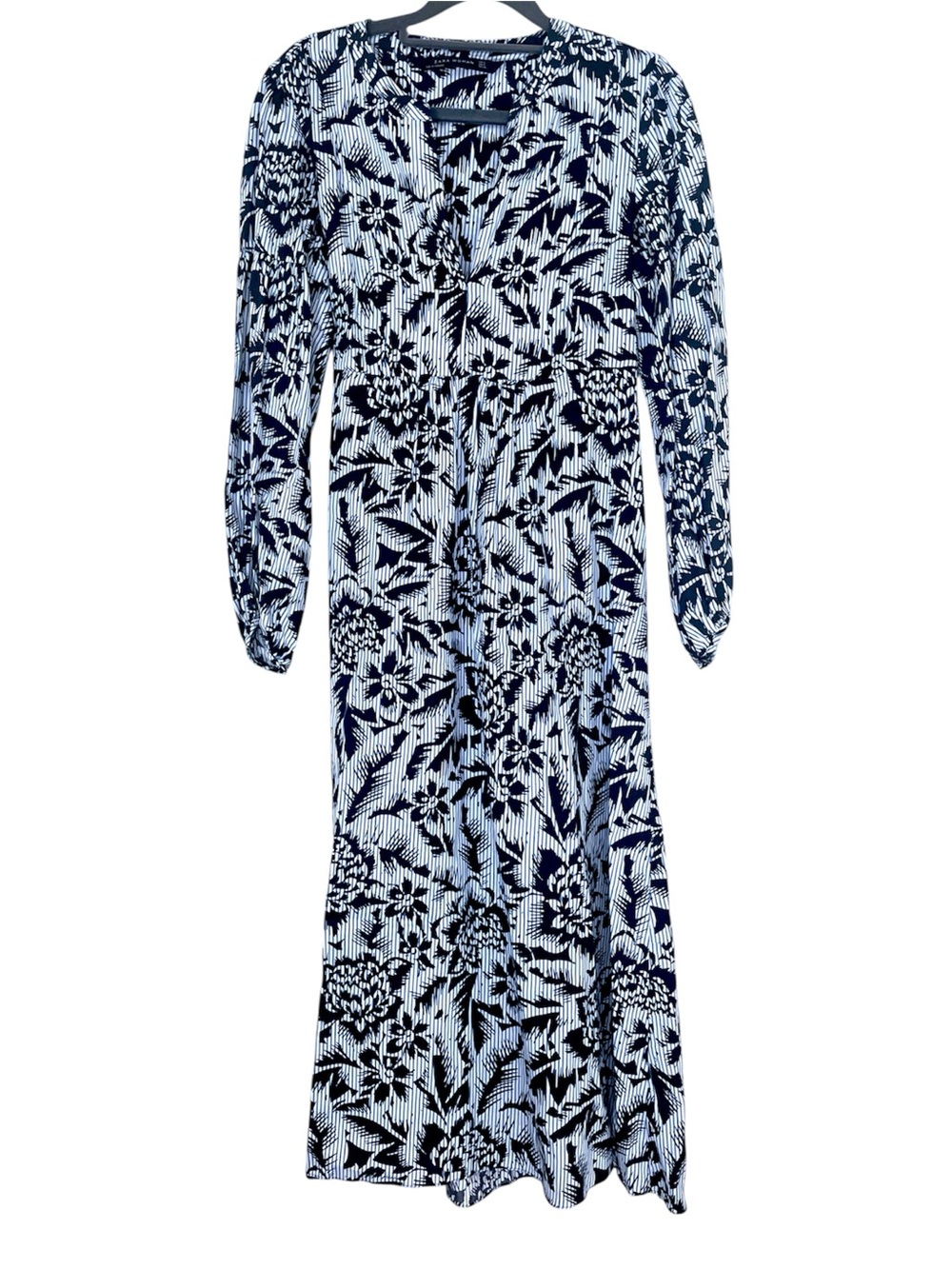 Zara Women’s Floral Blue Pinstripe Pullover Midi cottagecore dress size Small